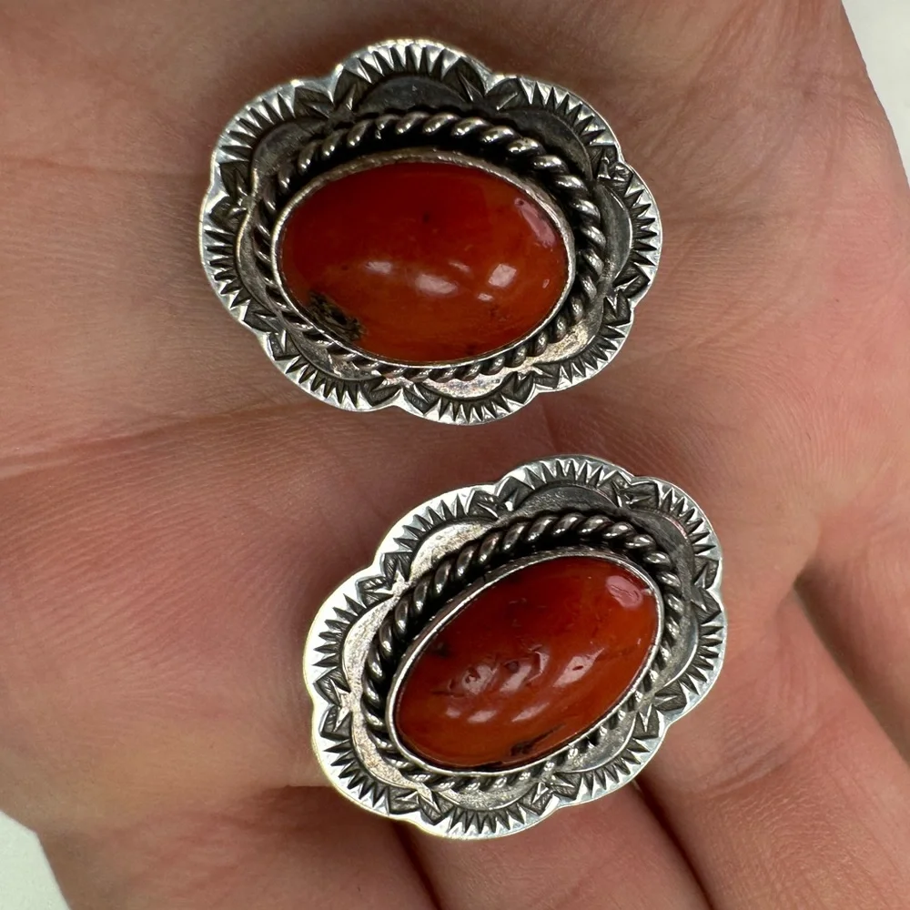 Navajo J. Slifka 925 Sterling silver and coral clip on earrings 11.7g